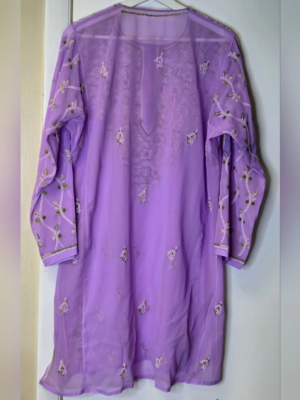 Lucknowi Chikan Hand Embroidered Lilac Sheer Tunic Kurta - Boho Luxe Size 2XL